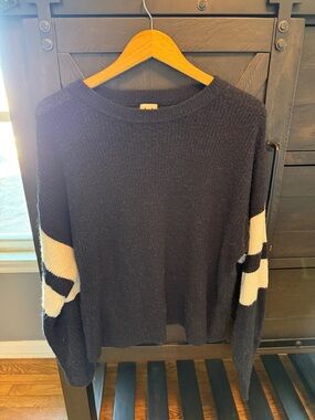 Navy Blue Crewneck Sweater with White Stripe Sleeve Detail
